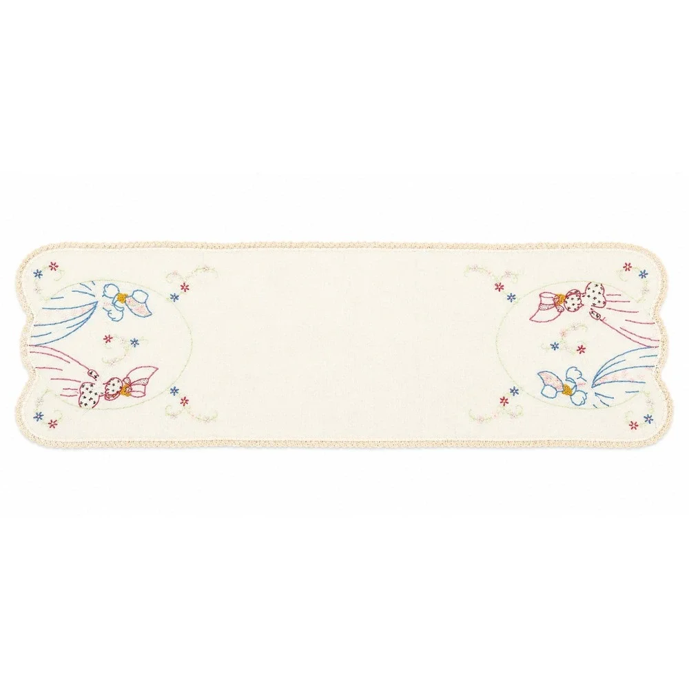 Vintage 35x10 Dresser Runner Hand Embroidered Floral Figures Cream Crochet Trim